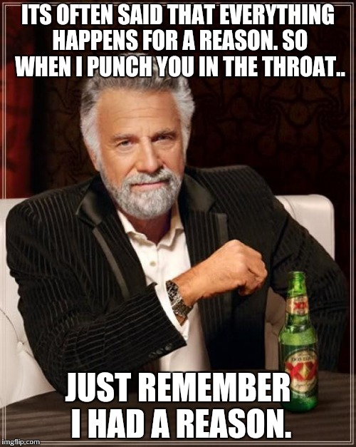 The Most Interesting Man In The World Meme | ITS OFTEN SAID THAT EVERYTHING HAPPENS FOR A REASON. SO WHEN I PUNCH YOU IN THE THROAT.. JUST REMEMBER I HAD A REASON. | image tagged in memes,the most interesting man in the world | made w/ Imgflip meme maker