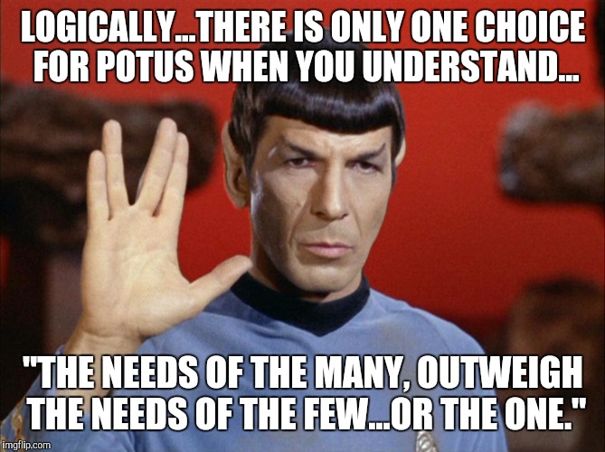 spock | LOGICALLY...THERE IS ONLY ONE CHOICE FOR POTUS WHEN YOU UNDERSTAND... "THE NEEDS OF THE MANY, OUTWEIGH THE NEEDS OF THE FEW...OR THE ONE." | image tagged in spock | made w/ Imgflip meme maker