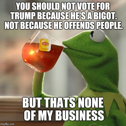But That's None Of My Business Meme | YOU SHOULD NOT VOTE FOR TRUMP BECAUSE HE'S A BIGOT. NOT BECAUSE HE OFFENDS PEOPLE. BUT THATS NONE OF MY BUSINESS | image tagged in memes,but thats none of my business,kermit the frog | made w/ Imgflip meme maker