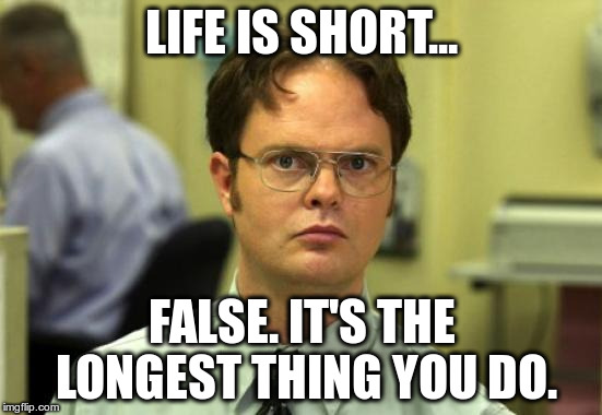 Dwight Schrute Meme | LIFE IS SHORT... FALSE. IT'S THE LONGEST THING YOU DO. | image tagged in memes,dwight schrute | made w/ Imgflip meme maker