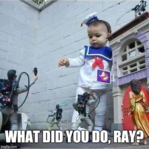 WHAT DID YOU DO, RAY? | image tagged in ghostbusters,venkman,stay puft marshmallow man | made w/ Imgflip meme maker