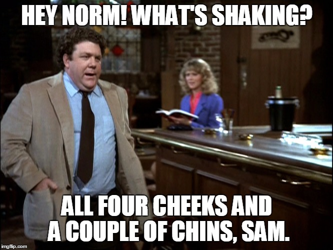 Hey Norm! | HEY NORM! WHAT'S SHAKING? ALL FOUR CHEEKS AND A COUPLE OF CHINS, SAM. | image tagged in cheers norm,jokes,funny memes | made w/ Imgflip meme maker