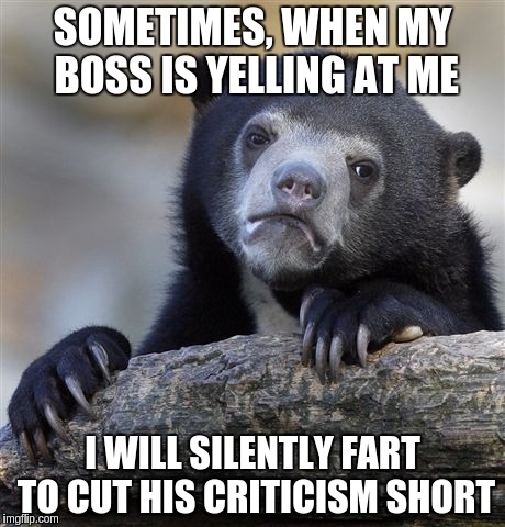 Confession Bear | SOMETIMES, WHEN MY BOSS IS YELLING AT ME; I WILL SILENTLY FART TO CUT HIS CRITICISM SHORT | image tagged in memes,confession bear | made w/ Imgflip meme maker