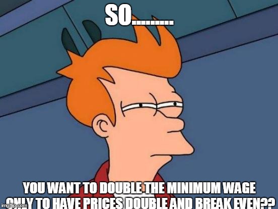 Futurama Fry Meme | SO......... YOU WANT TO DOUBLE THE MINIMUM WAGE ONLY TO HAVE PRICES DOUBLE AND BREAK EVEN?? | image tagged in memes,futurama fry | made w/ Imgflip meme maker