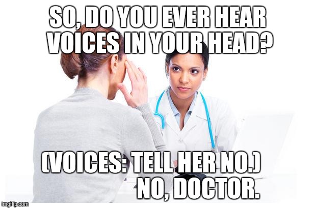 Voices | SO, DO YOU EVER HEAR VOICES IN YOUR HEAD? (VOICES: TELL HER NO.)               





NO, DOCTOR. | image tagged in woman and doctor,head voices | made w/ Imgflip meme maker