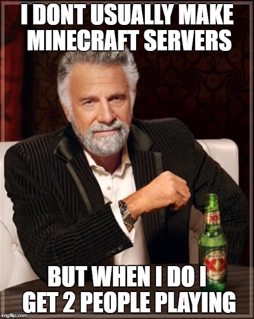 The Most Interesting Man In The World Meme | I DONT USUALLY MAKE MINECRAFT SERVERS; BUT WHEN I DO I GET 2 PEOPLE PLAYING | image tagged in memes,the most interesting man in the world | made w/ Imgflip meme maker