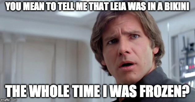 YOU MEAN TO TELL ME THAT LEIA WAS IN A BIKINI; THE WHOLE TIME I WAS FROZEN? | image tagged in memes,han solo | made w/ Imgflip meme maker