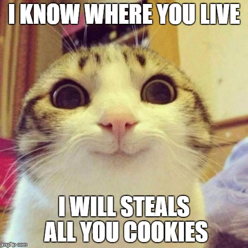 Smiling Cat | I KNOW WHERE YOU LIVE; I WILL STEALS ALL YOU COOKIES | image tagged in memes,smiling cat | made w/ Imgflip meme maker