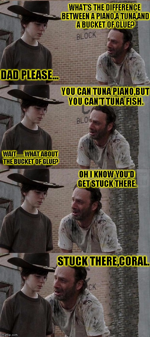 A piano,coral! | WHAT'S THE DIFFERENCE BETWEEN A PIANO,A TUNA,AND A BUCKET OF GLUE? DAD PLEASE... YOU CAN TUNA PIANO,BUT YOU CAN'T TUNA FISH. WAIT.......WHAT ABOUT THE BUCKET OF GLUE? OH I KNOW YOU'D GET STUCK THERE. STUCK THERE,CORAL. | image tagged in memes,rick and carl long,funny,piano,fishing | made w/ Imgflip meme maker