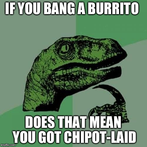 Philosoraptor | IF YOU BANG A BURRITO; DOES THAT MEAN YOU GOT CHIPOT-LAID | image tagged in memes,philosoraptor | made w/ Imgflip meme maker