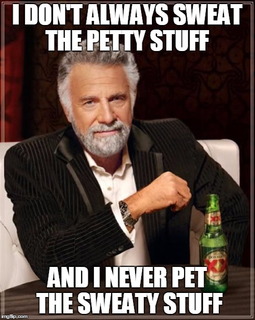 The Most Interesting Man In The World Meme | I DON'T ALWAYS SWEAT THE PETTY STUFF AND I NEVER PET THE SWEATY STUFF | image tagged in memes,the most interesting man in the world | made w/ Imgflip meme maker
