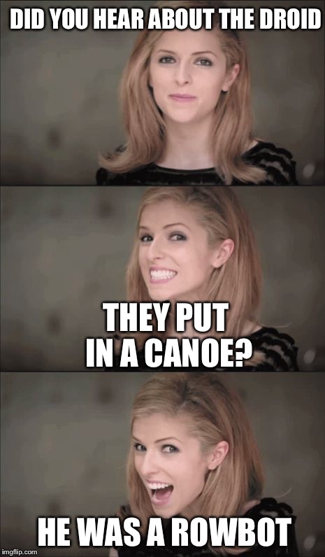 Bad Pun Anna Kendrick Meme | DID YOU HEAR ABOUT THE DROID; THEY PUT IN A CANOE? HE WAS A ROWBOT | image tagged in memes,bad pun anna kendrick | made w/ Imgflip meme maker