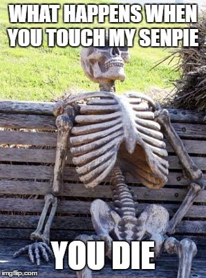 Waiting Skeleton Meme | WHAT HAPPENS WHEN YOU TOUCH MY SENPIE; YOU DIE | image tagged in memes,waiting skeleton | made w/ Imgflip meme maker