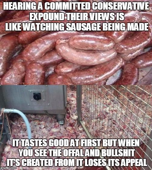 committed conservative #2: let the hand-size debate commence... | HEARING A COMMITTED CONSERVATIVE EXPOUND THEIR VIEWS IS LIKE WATCHING SAUSAGE BEING MADE; IT TASTES GOOD AT FIRST BUT WHEN YOU SEE THE OFFAL AND BULLSHIT IT'S CREATED FROM IT LOSES ITS APPEAL | image tagged in politics,conservative,liberal vs conservative | made w/ Imgflip meme maker