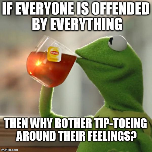 But That's None Of My Business Meme | IF EVERYONE IS OFFENDED BY EVERYTHING THEN WHY BOTHER TIP-TOEING AROUND THEIR FEELINGS? | image tagged in memes,but thats none of my business,kermit the frog | made w/ Imgflip meme maker