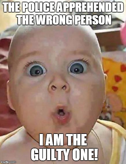 Super-surprised baby | THE POLICE APPREHENDED THE WRONG PERSON; I AM THE GUILTY ONE! | image tagged in super-surprised baby | made w/ Imgflip meme maker