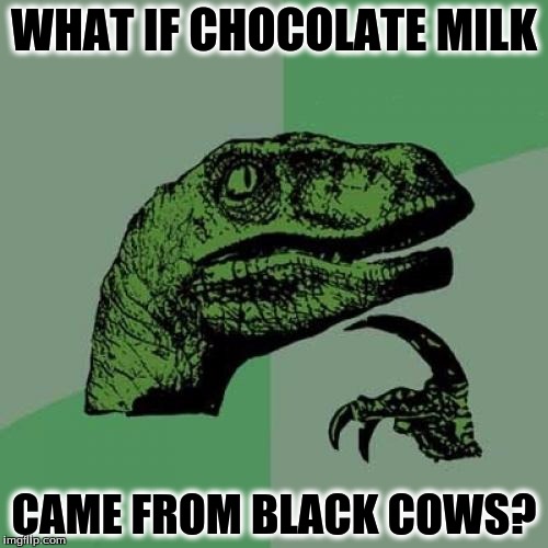 Philosoraptor | WHAT IF CHOCOLATE MILK; CAME FROM BLACK COWS? | image tagged in memes,philosoraptor | made w/ Imgflip meme maker