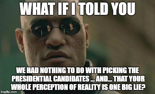 Matrix Morpheus Meme | WHAT IF I TOLD YOU; WE HAD NOTHING TO DO WITH PICKING THE PRESIDENTIAL CANDIDATES ... AND... THAT YOUR WHOLE PERCEPTION OF REALITY IS ONE BIG LIE? | image tagged in memes,matrix morpheus | made w/ Imgflip meme maker