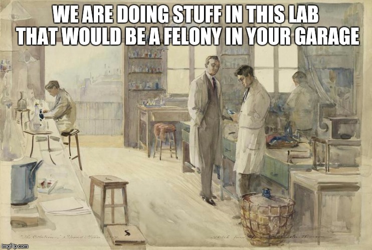 Lab scientists | WE ARE DOING STUFF IN THIS LAB THAT WOULD BE A FELONY IN YOUR GARAGE | image tagged in lab scientists | made w/ Imgflip meme maker