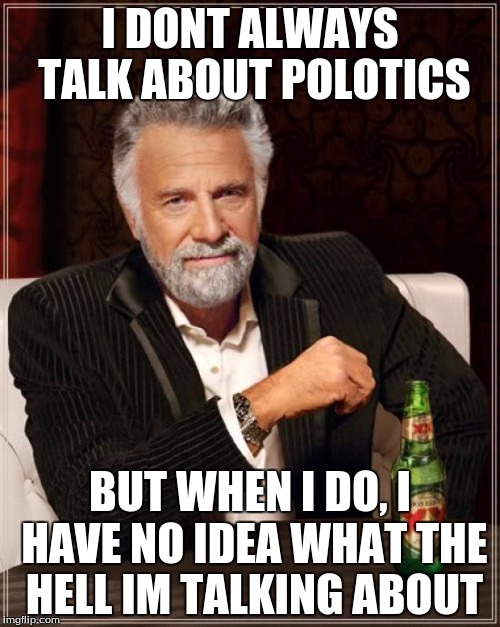 The Most Interesting Man In The World Meme | I DONT ALWAYS TALK ABOUT POLOTICS; BUT WHEN I DO, I HAVE NO IDEA WHAT THE HELL IM TALKING ABOUT | image tagged in memes,the most interesting man in the world | made w/ Imgflip meme maker