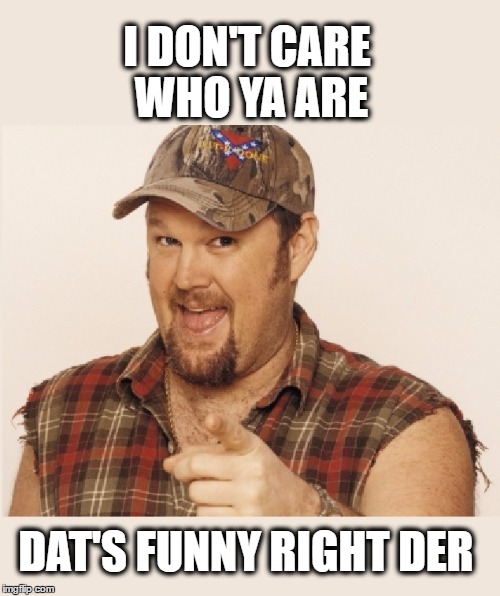 Larry the Cable Guy | I DON'T CARE WHO YA ARE; DAT'S FUNNY RIGHT DER | image tagged in larry the cable guy,dats funny,funny,memes,redneck | made w/ Imgflip meme maker