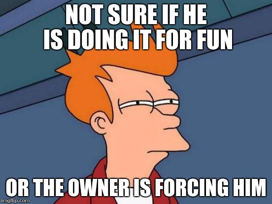 Futurama Fry Meme | NOT SURE IF HE IS DOING IT FOR FUN OR THE OWNER IS FORCING HIM | image tagged in memes,futurama fry | made w/ Imgflip meme maker