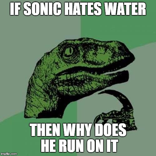 Philosoraptor Meme | IF SONIC HATES WATER; THEN WHY DOES HE RUN ON IT | image tagged in memes,philosoraptor | made w/ Imgflip meme maker