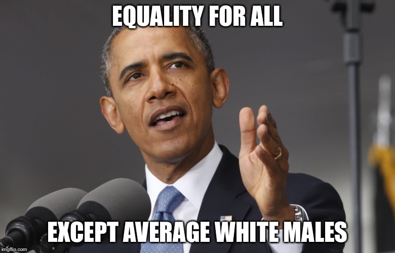Presidential Meme | EQUALITY FOR ALL; EXCEPT AVERAGE WHITE MALES | image tagged in trump,obama | made w/ Imgflip meme maker