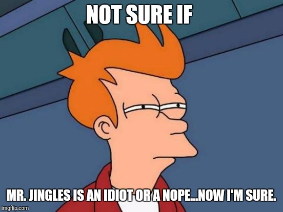 Futurama Fry Meme | NOT SURE IF MR. JINGLES IS AN IDIOT OR A NOPE...NOW I'M SURE. | image tagged in memes,futurama fry | made w/ Imgflip meme maker