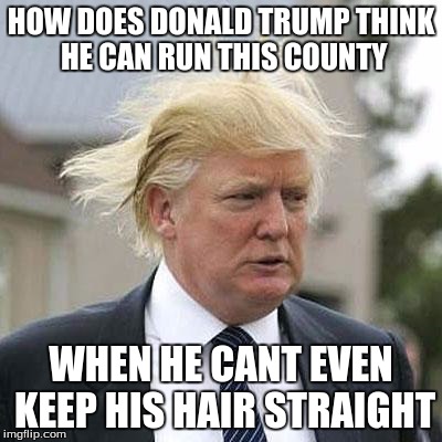 Donald Trump | HOW DOES DONALD TRUMP THINK HE CAN RUN THIS COUNTY; WHEN HE CANT EVEN KEEP HIS HAIR STRAIGHT | image tagged in donald trump | made w/ Imgflip meme maker