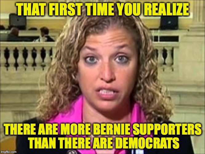 Debbie Wasserman Schultz | THAT FIRST TIME YOU REALIZE; THERE ARE MORE BERNIE SUPPORTERS THAN THERE ARE DEMOCRATS | image tagged in debbie wasserman schultz,bernie sanders | made w/ Imgflip meme maker