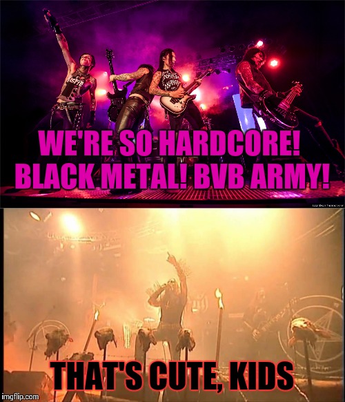 Black metal used to mean something. Now it's just another emo fad | WE'RE SO HARDCORE! BLACK METAL! BVB ARMY! THAT'S CUTE, KIDS | image tagged in metal,black metal | made w/ Imgflip meme maker