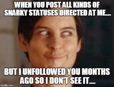 Spiderman Peter Parker Meme | WHEN YOU POST ALL KINDS OF SNARKY STATUSES DIRECTED AT ME.... BUT I UNFOLLOWED YOU MONTHS AGO SO I DON'T SEE IT.... | image tagged in memes,spiderman peter parker | made w/ Imgflip meme maker