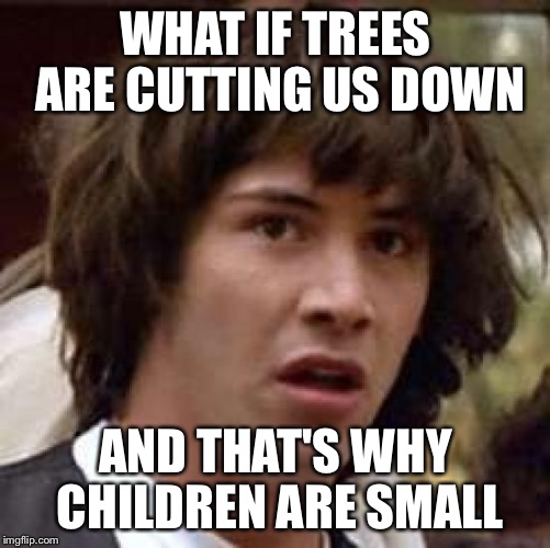 Conspiracy Keanu | WHAT IF TREES ARE CUTTING US DOWN; AND THAT'S WHY CHILDREN ARE SMALL | image tagged in memes,conspiracy keanu | made w/ Imgflip meme maker