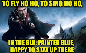 Harry Potter
 |  TO FLY HO HO, TO SING HO HO, IN THE BLU, PAINTED BLUE, HAPPY TO STAY UP THERE | image tagged in harry potter flying,funny meme,harry potter meme,movie,magic,hogwarts | made w/ Imgflip meme maker