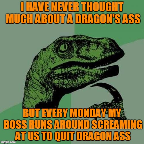 Philosoraptor | I HAVE NEVER THOUGHT MUCH ABOUT A DRAGON'S ASS; BUT EVERY MONDAY MY BOSS RUNS AROUND SCREAMING AT US TO QUIT DRAGON ASS | image tagged in memes,philosoraptor | made w/ Imgflip meme maker