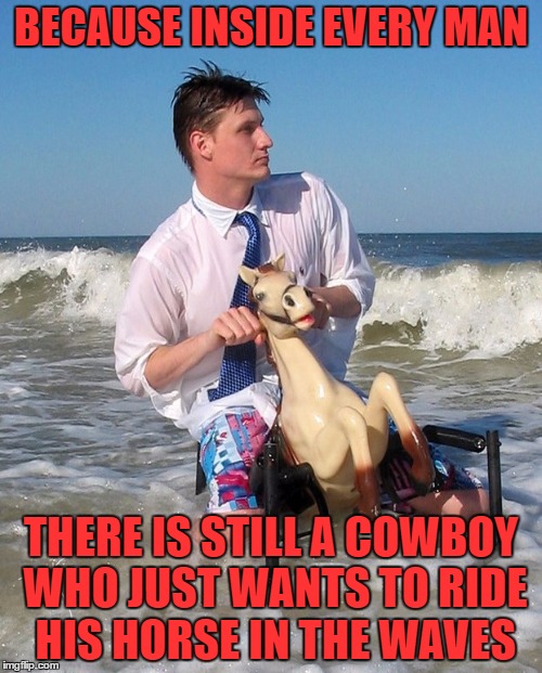Ride 'Em Cowboy! | BECAUSE INSIDE EVERY MAN; THERE IS STILL A COWBOY WHO JUST WANTS TO RIDE HIS HORSE IN THE WAVES | image tagged in cowboy,ocean,childhood dreams,memes,lol | made w/ Imgflip meme maker