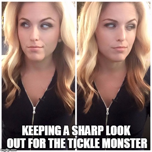 KEEPING A SHARP LOOK OUT FOR THE TICKLE MONSTER | image tagged in alexis smith | made w/ Imgflip meme maker