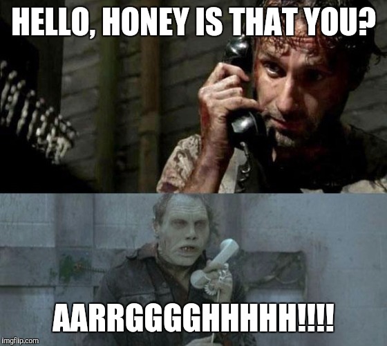 zombiecall | HELLO, HONEY IS THAT YOU? AARRGGGGHHHHH!!!! | image tagged in zombiecall | made w/ Imgflip meme maker