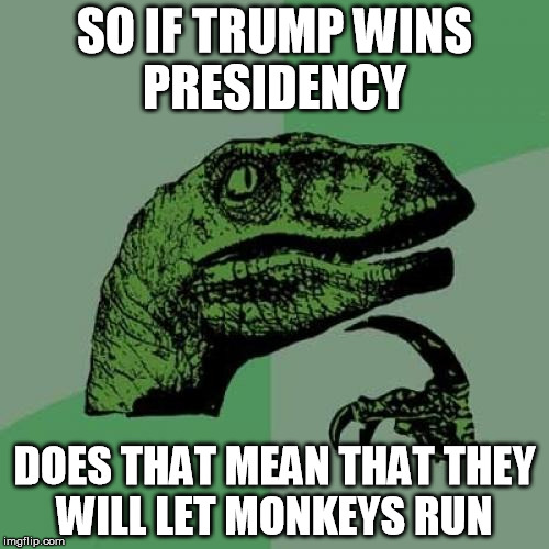 Philosoraptor | SO IF TRUMP WINS PRESIDENCY; DOES THAT MEAN THAT THEY WILL LET MONKEYS RUN | image tagged in memes,philosoraptor | made w/ Imgflip meme maker