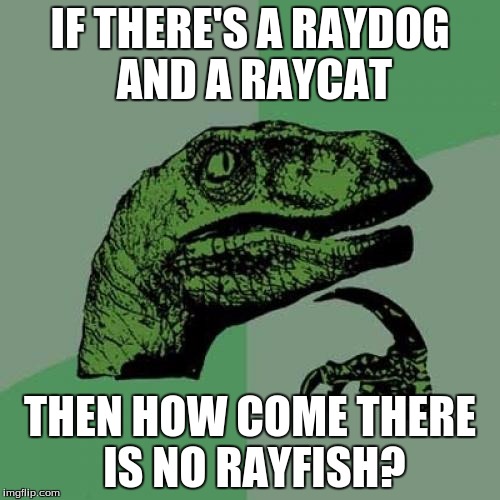 Philosoraptor | IF THERE'S A RAYDOG AND A RAYCAT; THEN HOW COME THERE IS NO RAYFISH? | image tagged in memes,philosoraptor,raydog | made w/ Imgflip meme maker