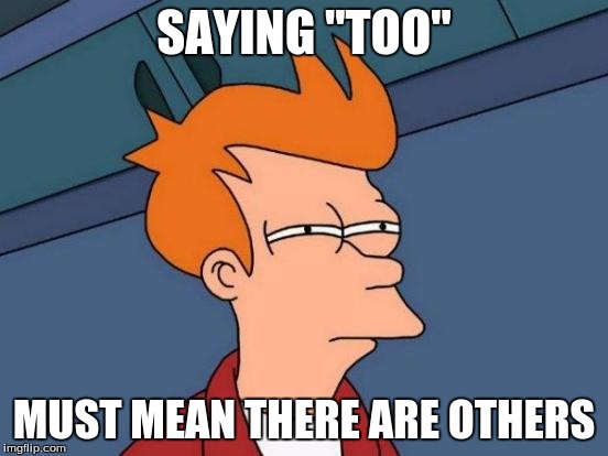 Futurama Fry Meme | SAYING "TOO" MUST MEAN THERE ARE OTHERS | image tagged in memes,futurama fry | made w/ Imgflip meme maker