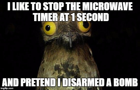 Weird Stuff I Do Potoo | I LIKE TO STOP THE MICROWAVE TIMER AT 1 SECOND; AND PRETEND I DISARMED A BOMB | image tagged in memes,weird stuff i do potoo | made w/ Imgflip meme maker