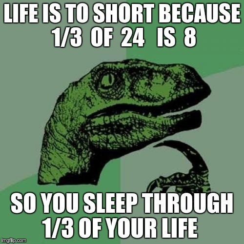 Philosoraptor Meme | LIFE IS TO SHORT BECAUSE  1/3  OF  24   IS  8; SO YOU SLEEP THROUGH 1/3 OF YOUR LIFE | image tagged in memes,philosoraptor | made w/ Imgflip meme maker