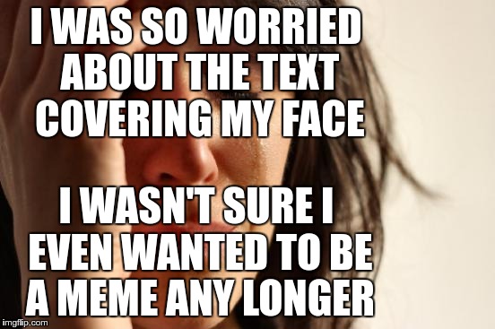 First World Problems Meme | I WAS SO WORRIED ABOUT THE TEXT COVERING MY FACE I WASN'T SURE I EVEN WANTED TO BE A MEME ANY LONGER | image tagged in memes,first world problems | made w/ Imgflip meme maker