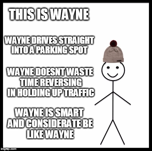 Be Like Bill Meme | THIS IS WAYNE; WAYNE DRIVES STRAIGHT INTO A PARKING SPOT; WAYNE DOESNT WASTE TIME REVERSING IN HOLDING UP TRAFFIC; WAYNE IS SMART AND CONSIDERATE
BE LIKE WAYNE | image tagged in memes,be like bill | made w/ Imgflip meme maker