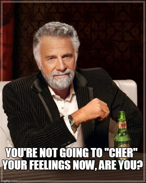 The Most Interesting Man In The World Meme | YOU'RE NOT GOING TO "CHER" YOUR FEELINGS NOW, ARE YOU? | image tagged in memes,the most interesting man in the world | made w/ Imgflip meme maker