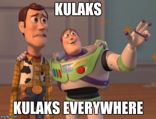 Stalin saw the "kulaks", wealthy peasants, as a contradiction of communist values and proceeded to eradicate them. | KULAKS; KULAKS EVERYWHERE | image tagged in memes,x x everywhere,kulaks,stalin | made w/ Imgflip meme maker