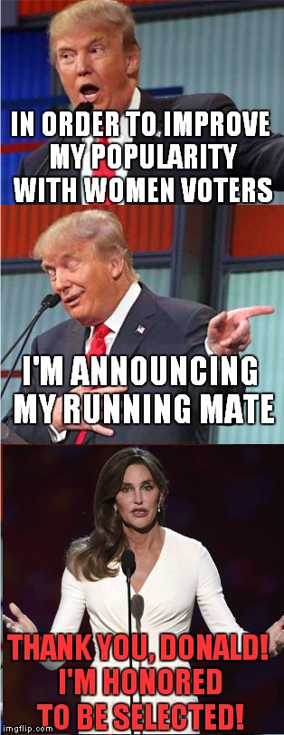 The Dream Team! | IN ORDER TO IMPROVE MY POPULARITY WITH WOMEN VOTERS; I'M ANNOUNCING MY RUNNING MATE; THANK YOU, DONALD! I'M HONORED TO BE SELECTED! | image tagged in bad pun trump,caitlyn jenner | made w/ Imgflip meme maker