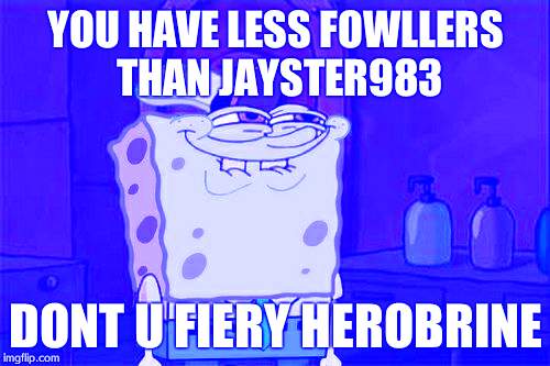 Don't You Squidward | YOU HAVE LESS FOWLLERS THAN JAYSTER983; DONT U FIERY HEROBRINE | image tagged in memes,dont you squidward | made w/ Imgflip meme maker